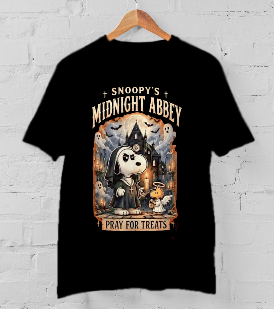Snoopy's Midnight Abbey Pray For Treats Halloween Cathedral Scene T-Shirt
