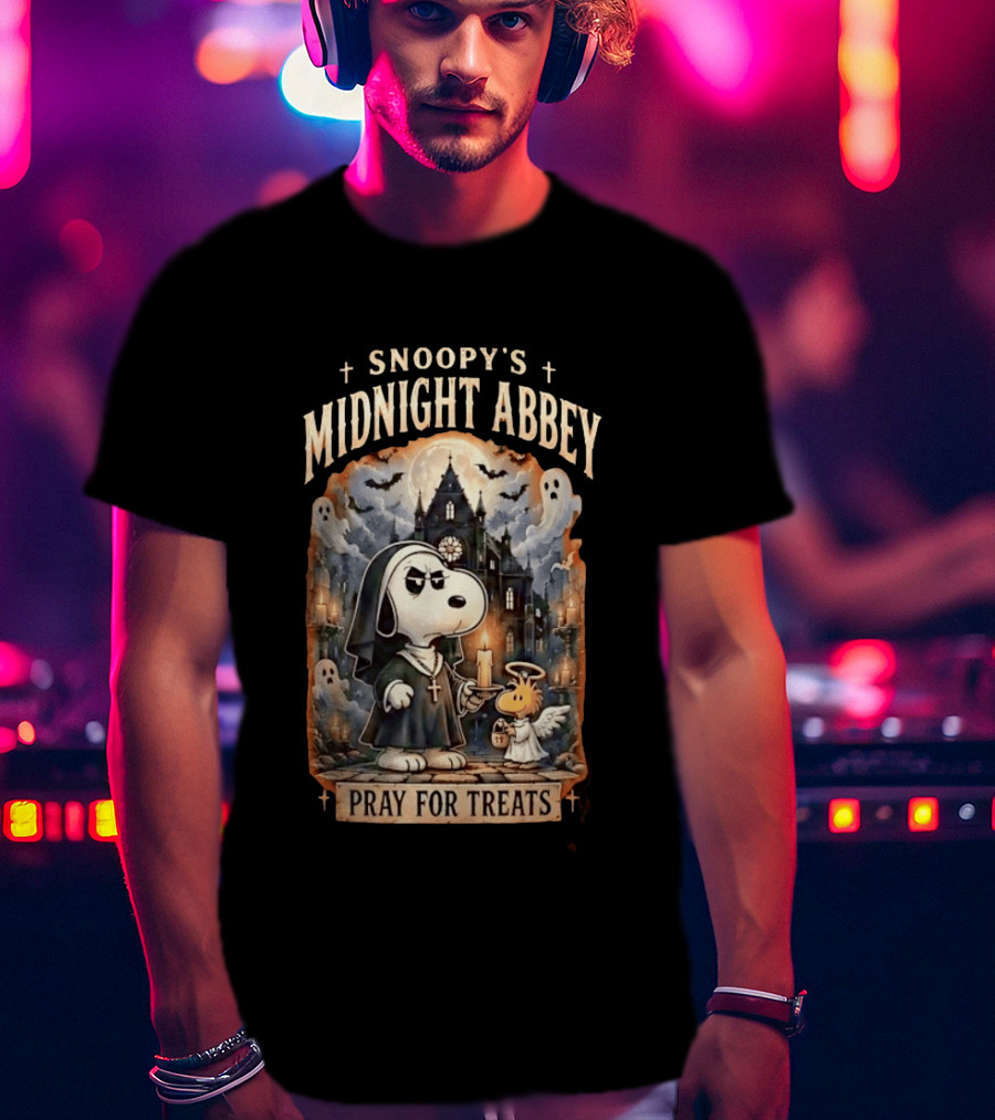 Snoopy's Midnight Abbey Pray For Treats Halloween Cathedral Scene T-Shirt