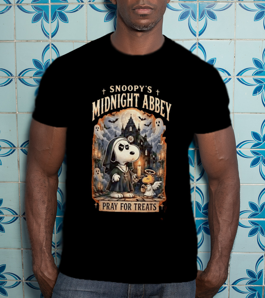 Snoopy's Midnight Abbey Pray For Treats Halloween Cathedral Scene T-Shirt