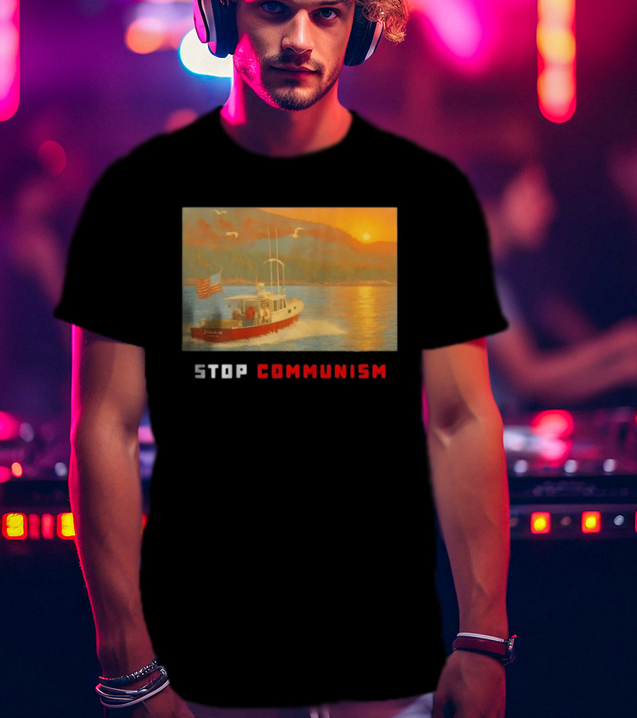 Stop Communism Freedom Boat American Flag Sunset Landscape T-Shirt