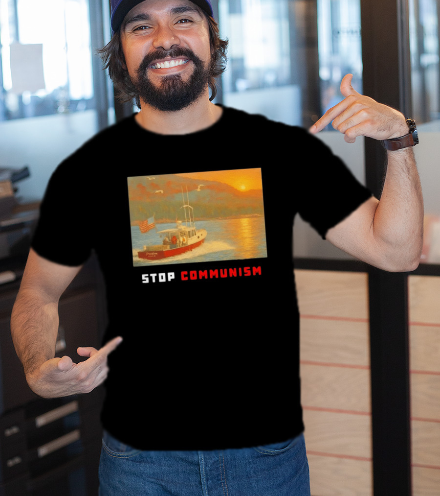 Stop Communism Freedom Boat American Flag Sunset Landscape T-Shirt