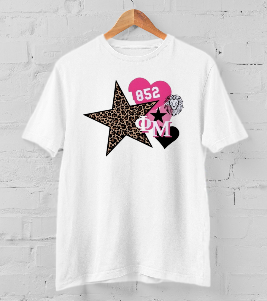 Phi Mu 1852 Leopard Star Lion 852 Pink Heart Sorority T-Shirt