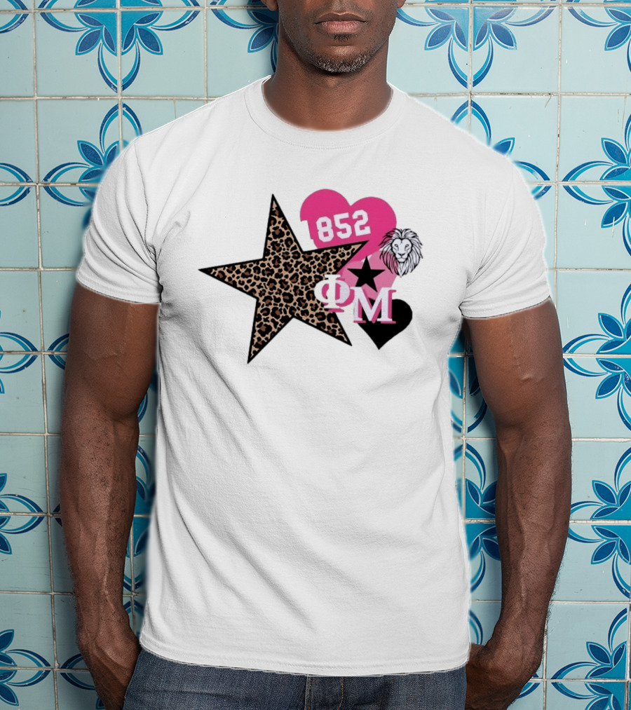 Phi Mu 1852 Leopard Star Lion 852 Pink Heart Sorority T-Shirt