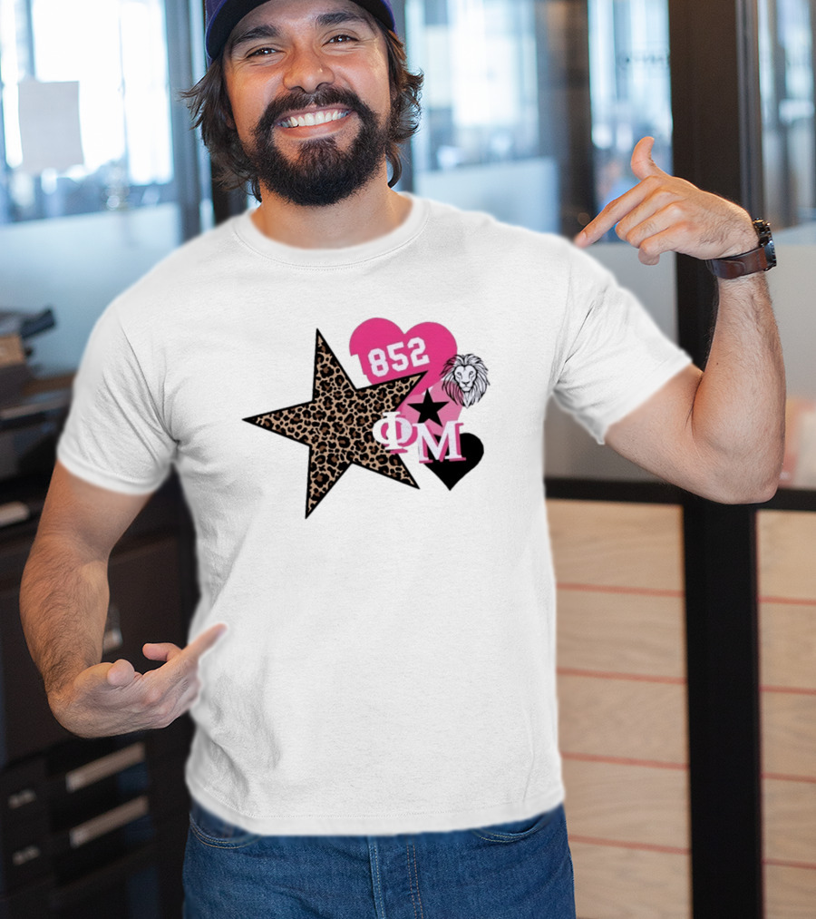 Phi Mu 1852 Leopard Star Lion 852 Pink Heart Sorority T-Shirt