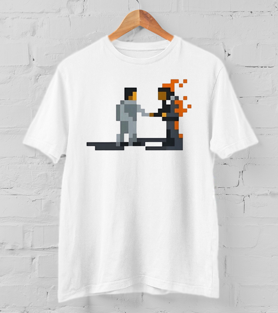 Pink Floyd Wish You Were Here Pixelated Two Men Shaking Hands Flames T-Shirt