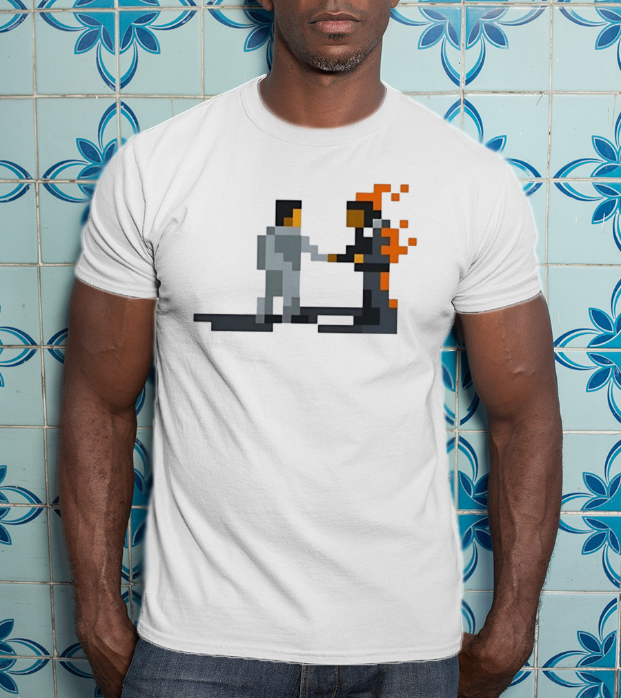 Pink Floyd Wish You Were Here Pixelated Two Men Shaking Hands Flames T-Shirt
