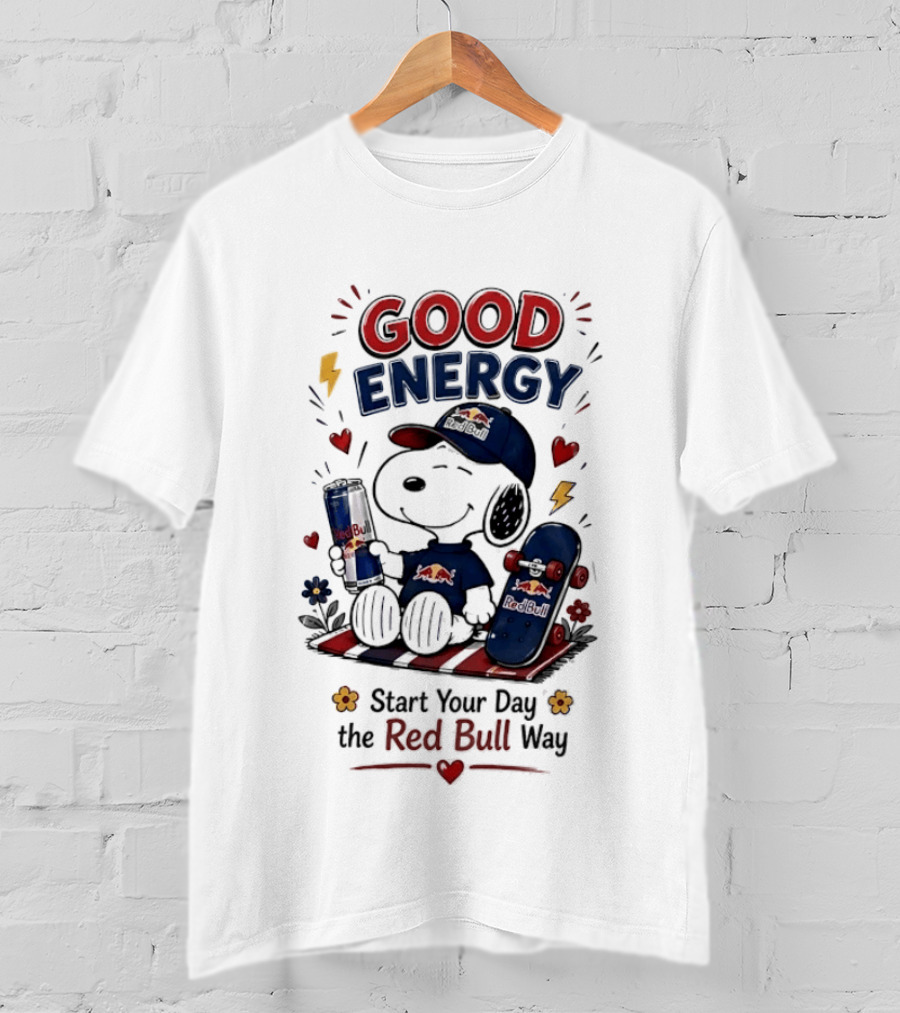 Snoopy Good Energy Start Your Day The Red Bull Way Skateboard And Drink T-Shirt
