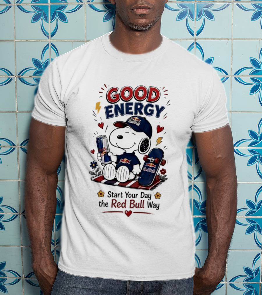 Snoopy Good Energy Start Your Day The Red Bull Way Skateboard And Drink T-Shirt