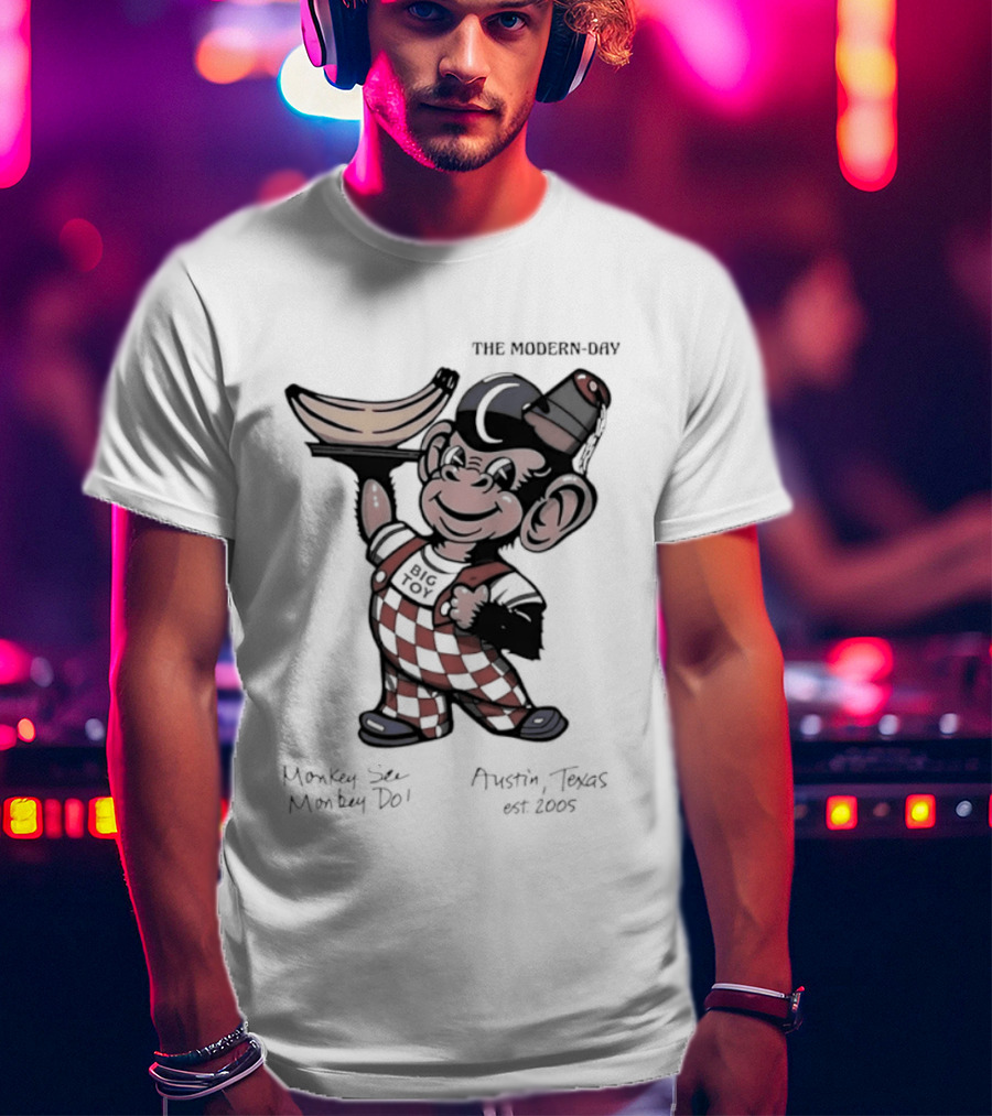 The Modern Day Big Toy Monkey See Monkey Do Austin Texas Est 2005 Vintage Cartoon T-Shirt