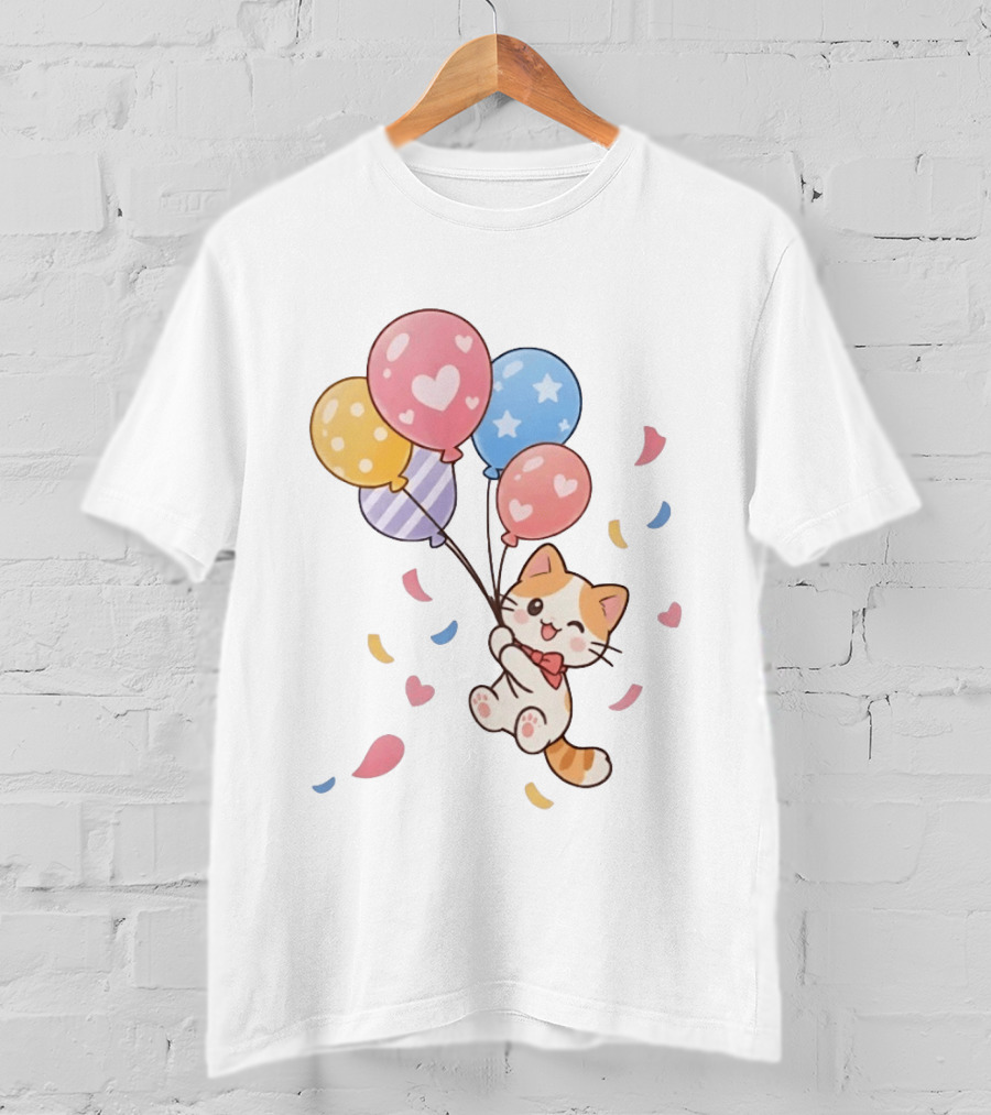 Cat Floating With Colorful Balloons T-Shirt