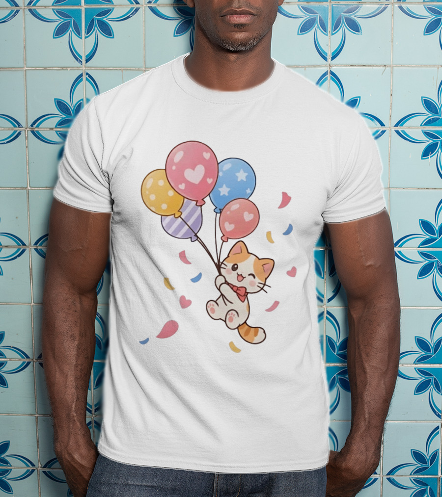 Cat Floating With Colorful Balloons T-Shirt