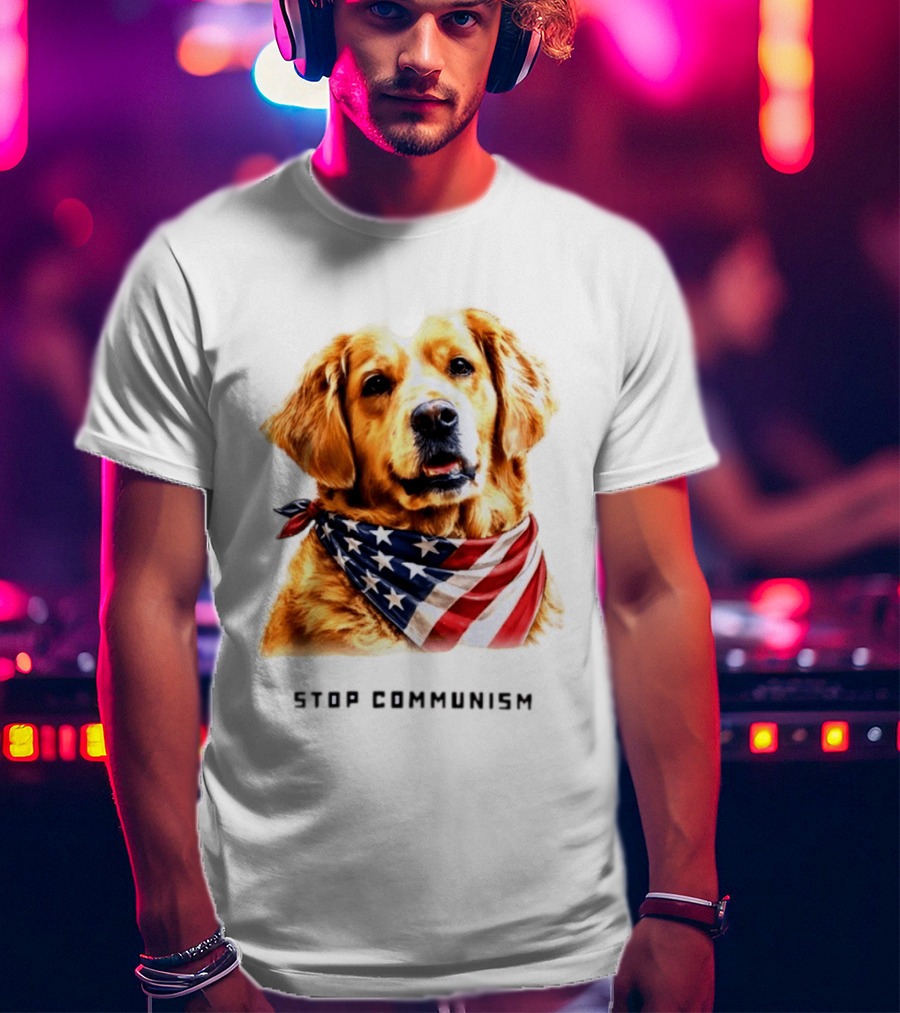 Golden Retriever Wearing American Flag Bandana Stop Communism T-Shirt