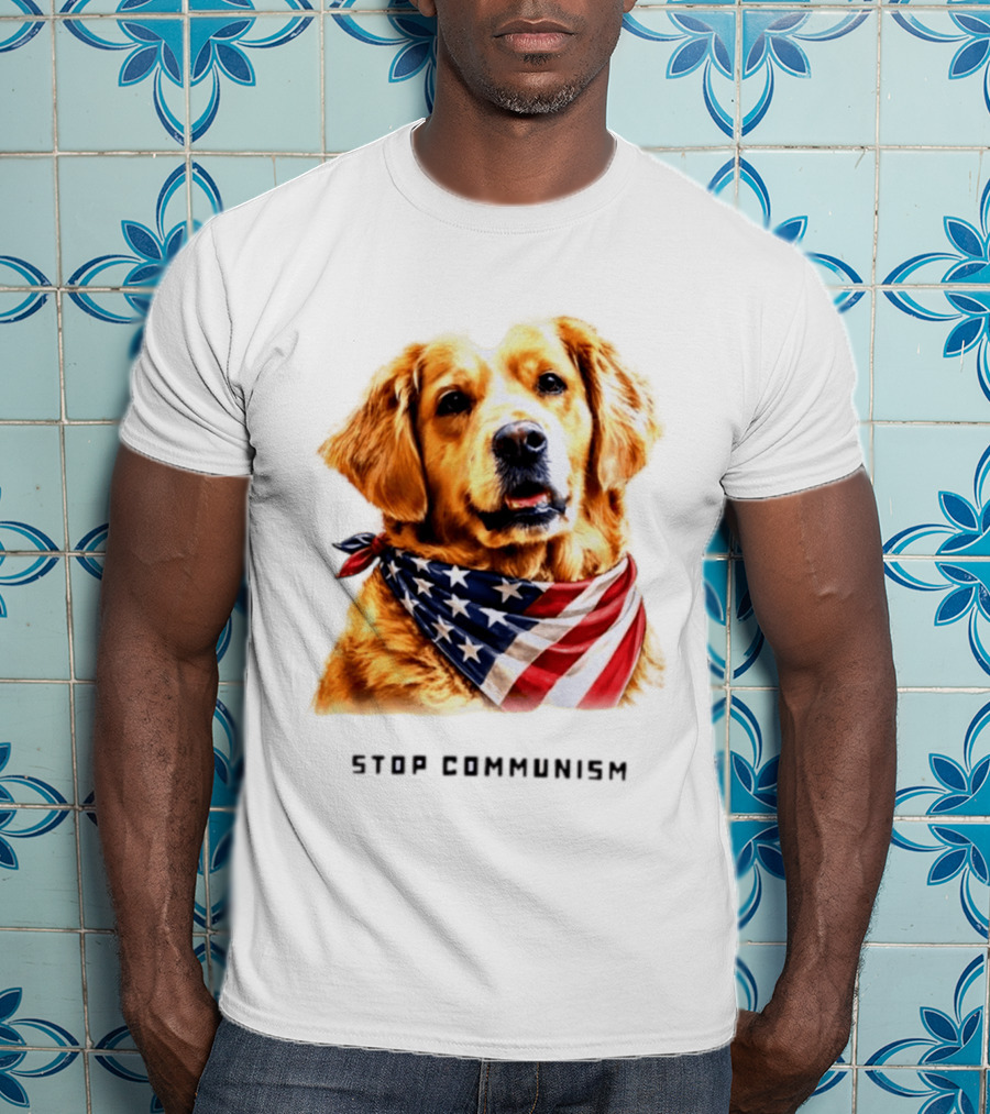 Golden Retriever Wearing American Flag Bandana Stop Communism T-Shirt