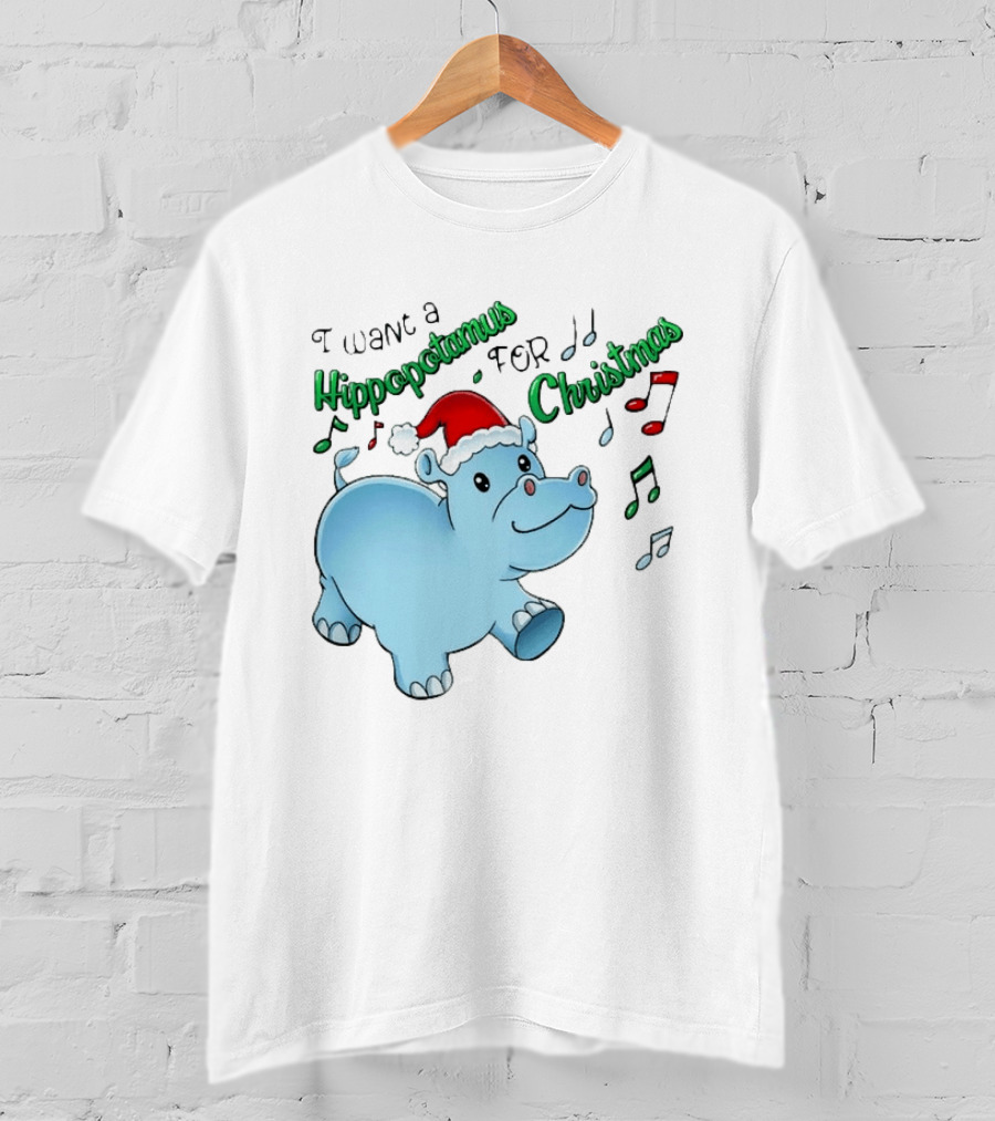 Inktastic I Want A Hippopotamus For Christmas Hippo In Santa Hat T-Shirt