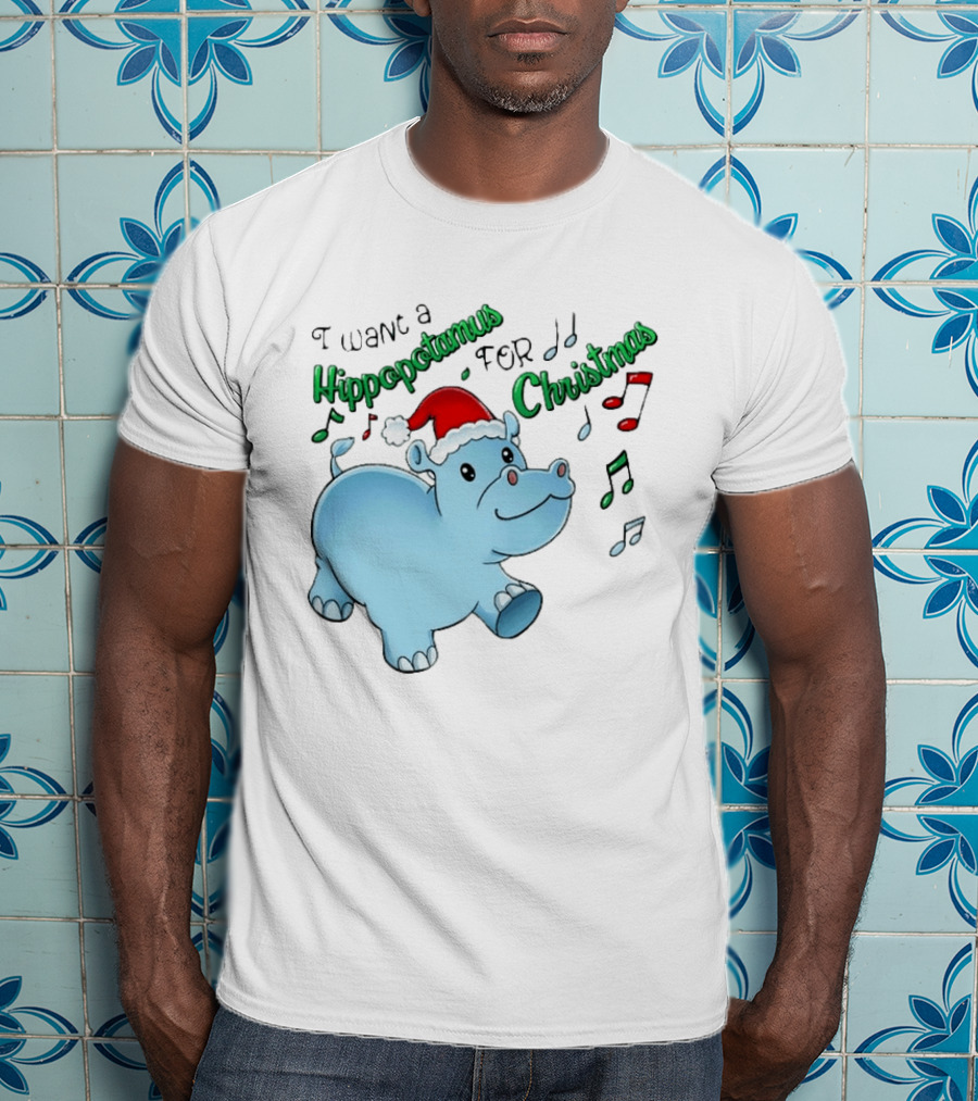 Inktastic I Want A Hippopotamus For Christmas Hippo In Santa Hat T-Shirt