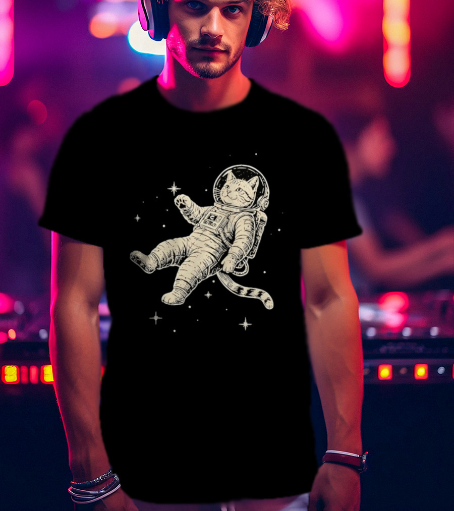 Astronaut Cat Floating In Space With Stars And Helmet T-Shirt