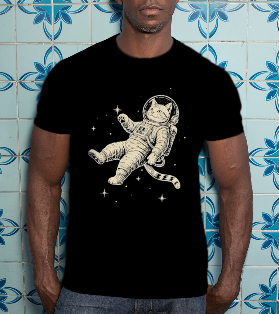 Astronaut Cat Floating In Space With Stars And Helmet T-Shirt