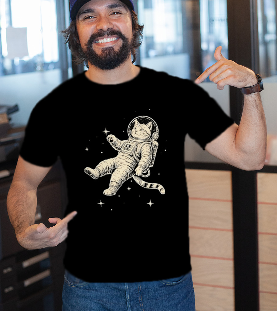 Astronaut Cat Floating In Space With Stars And Helmet T-Shirt