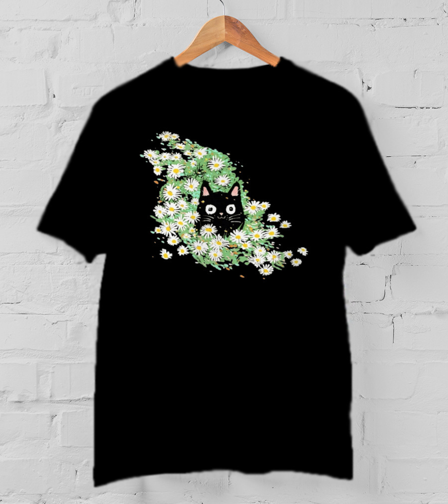 Black Cat Surrounded By Daisies In A Field T-Shirt