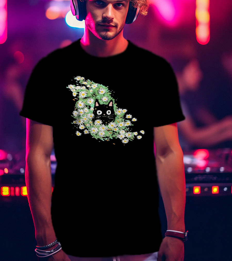 Black Cat Surrounded By Daisies In A Field T-Shirt