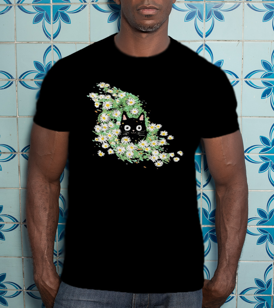 Black Cat Surrounded By Daisies In A Field T-Shirt