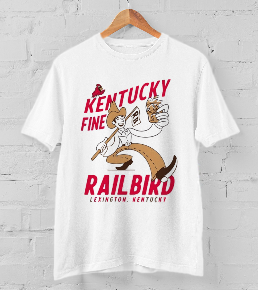 Kentucky Fine Railbird Lexington Kentucky Cowboy With Trophy And Cardinal T-Shirt