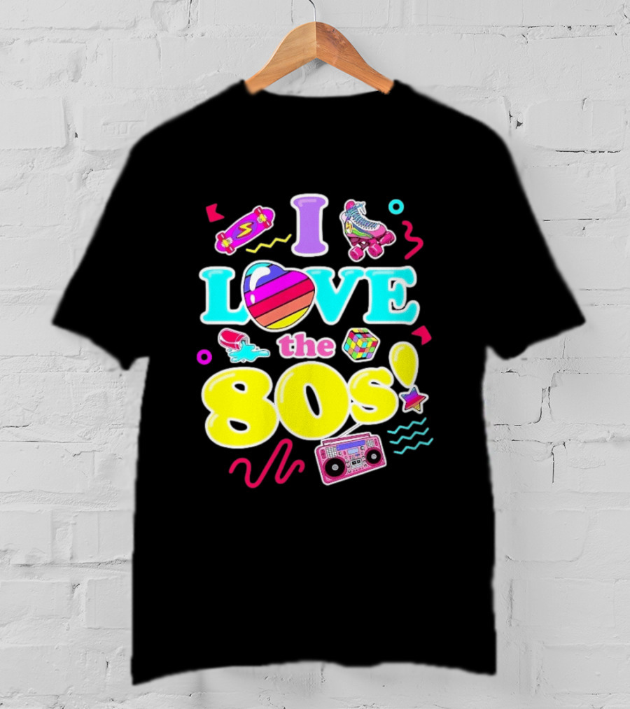 I Love The 80s Nostalgia Roller Skates Boombox Rubik's Cube Retro Fun T-Shirt