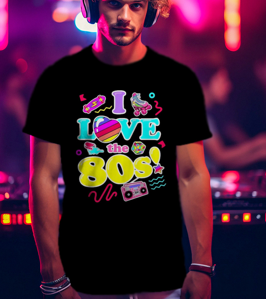 I Love The 80s Nostalgia Roller Skates Boombox Rubik's Cube Retro Fun T-Shirt