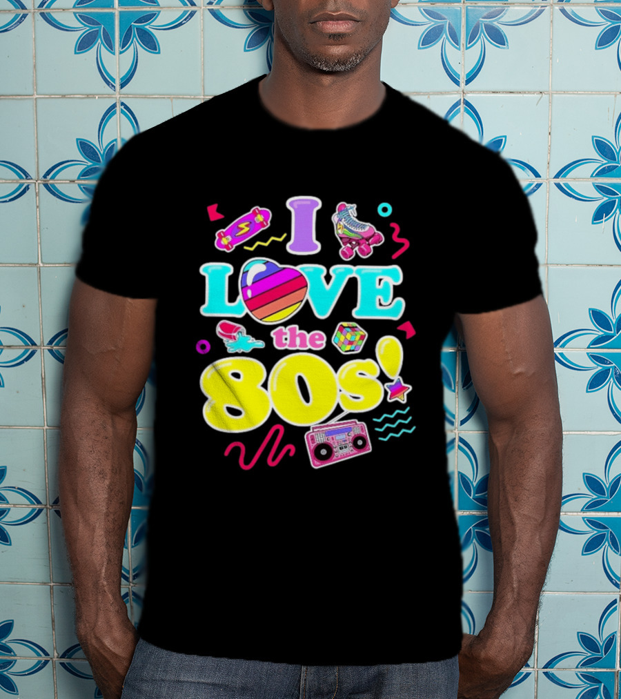 I Love The 80s Nostalgia Roller Skates Boombox Rubik's Cube Retro Fun T-Shirt