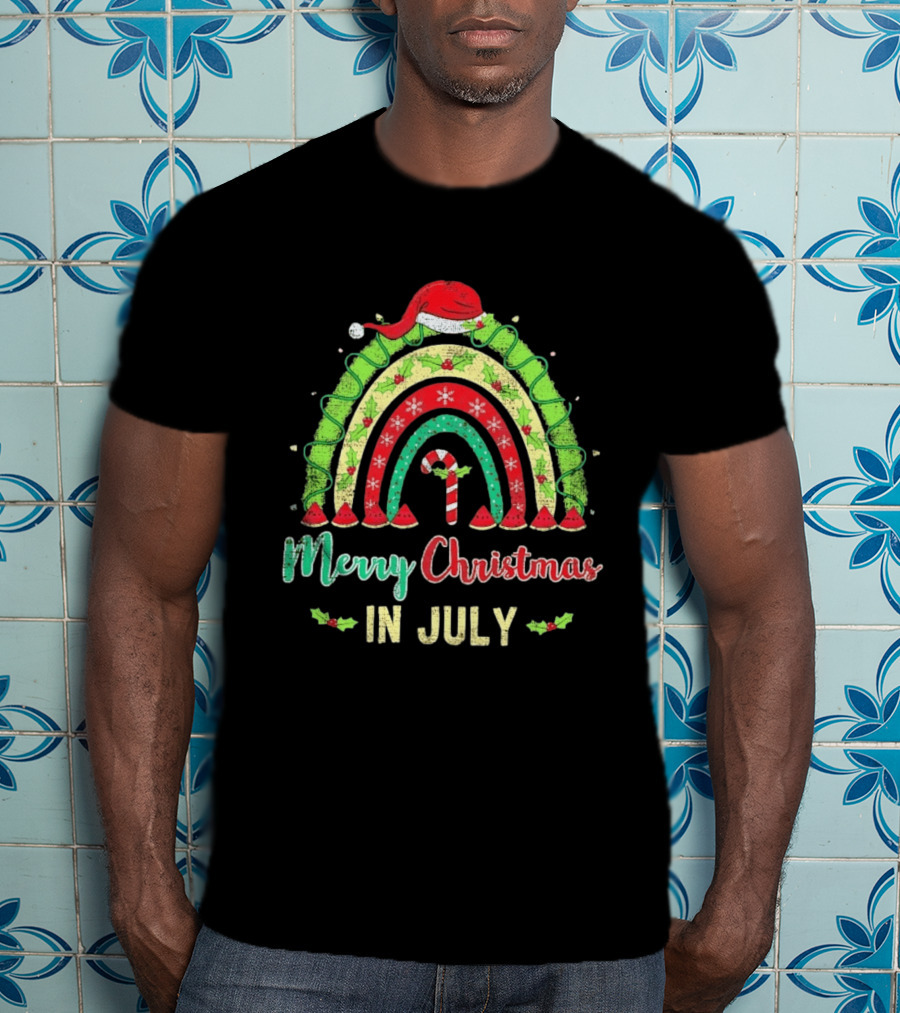 Merry Christmas In July Distressed Rainbow With Santa Hat And Candy Cane T-Shirt