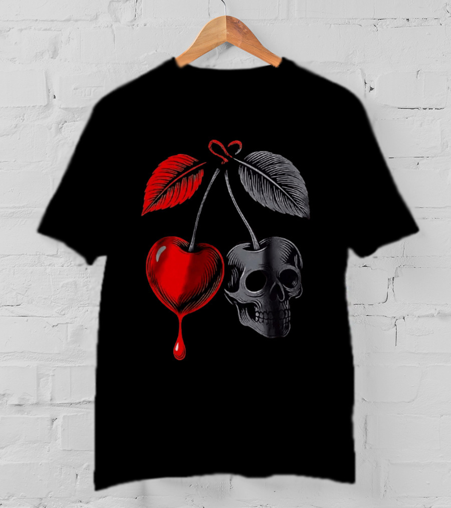 Bleeding Cherry Skull Memento Mori Gothic Macabre Dark Fruit T-Shirt
