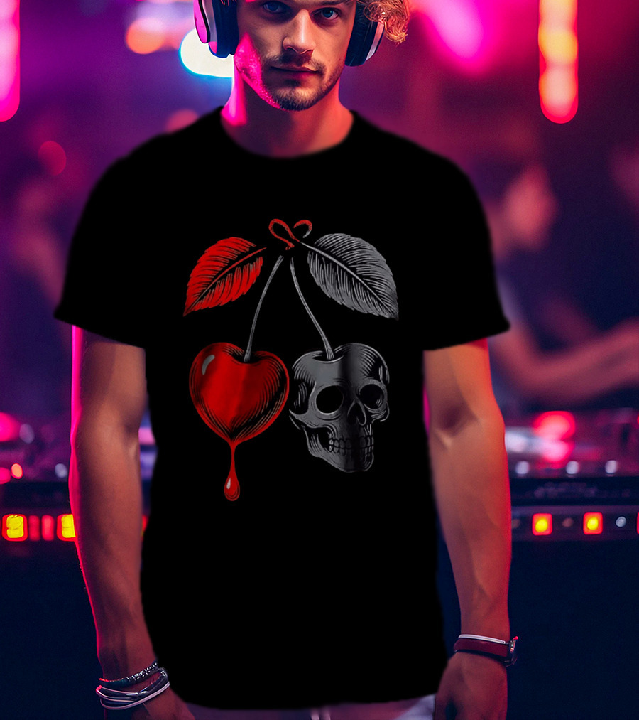 Bleeding Cherry Skull Memento Mori Gothic Macabre Dark Fruit T-Shirt