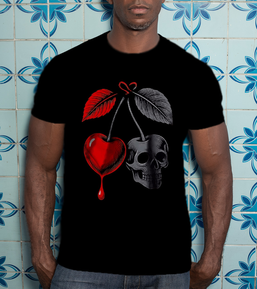 Bleeding Cherry Skull Memento Mori Gothic Macabre Dark Fruit T-Shirt