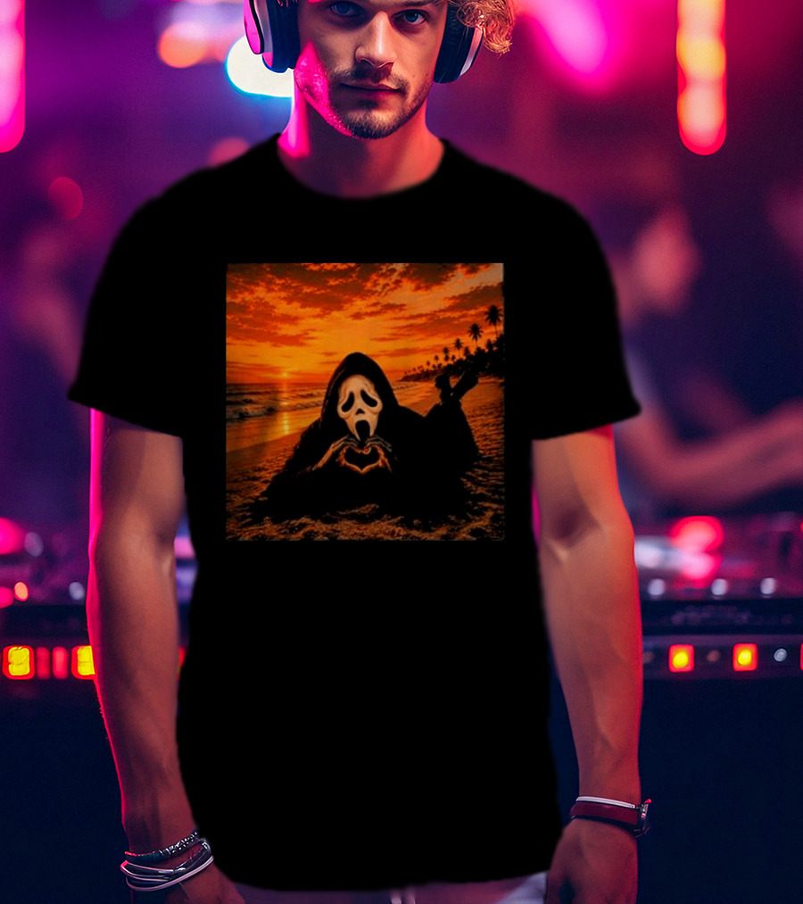Ghostface Heart Hands Beach Sunset Halloween 2026 T-Shirt
