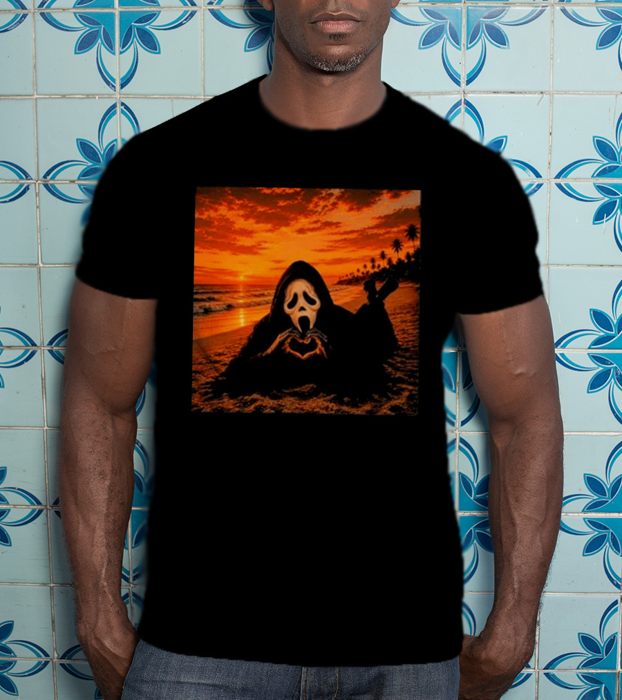 Ghostface Heart Hands Beach Sunset Halloween 2026 T-Shirt