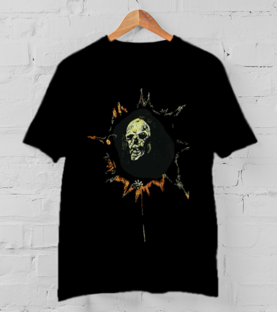 Yellow Spiky Sunburst Frame Hooded Skull Face Distressed Sketch T-Shirt