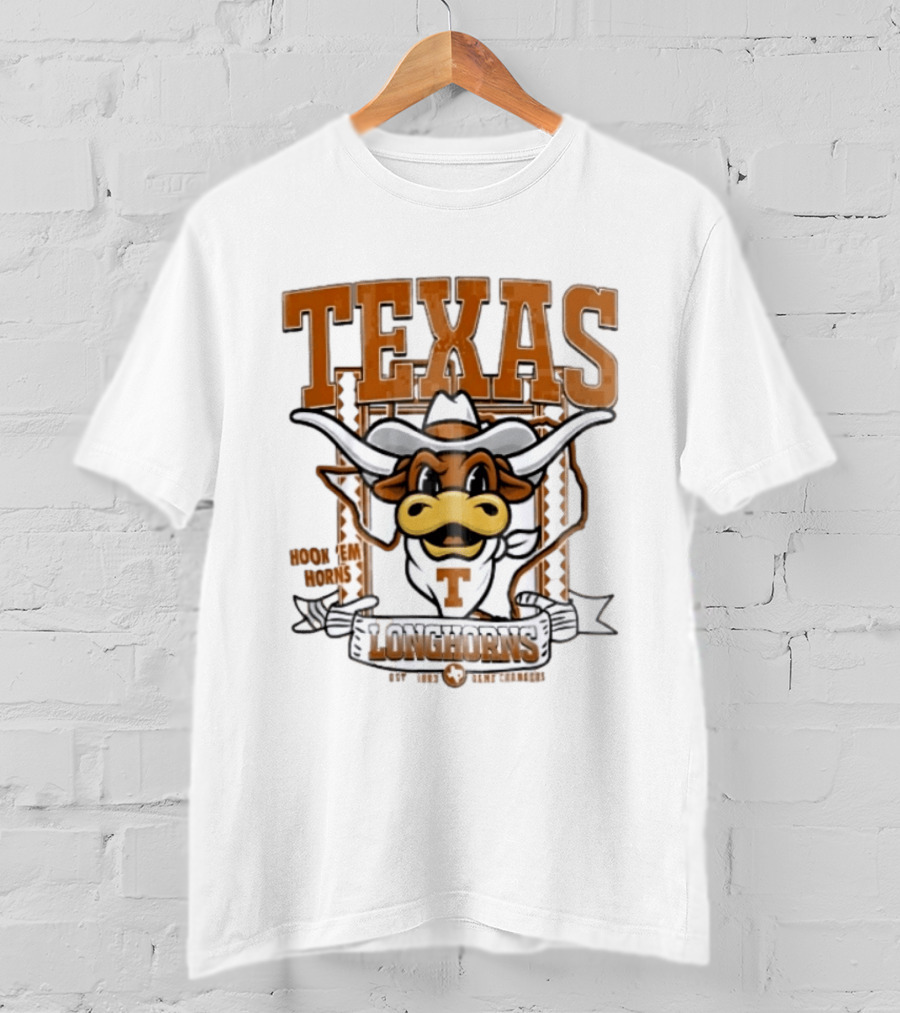 Texas Longhorns Hook Em Horns Game Changers Est 1883 State Map Cartoon T-Shirt