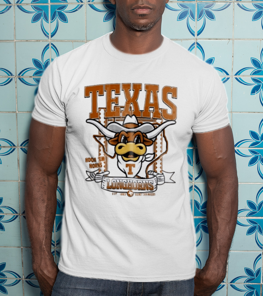 Texas Longhorns Hook Em Horns Game Changers Est 1883 State Map Cartoon T-Shirt