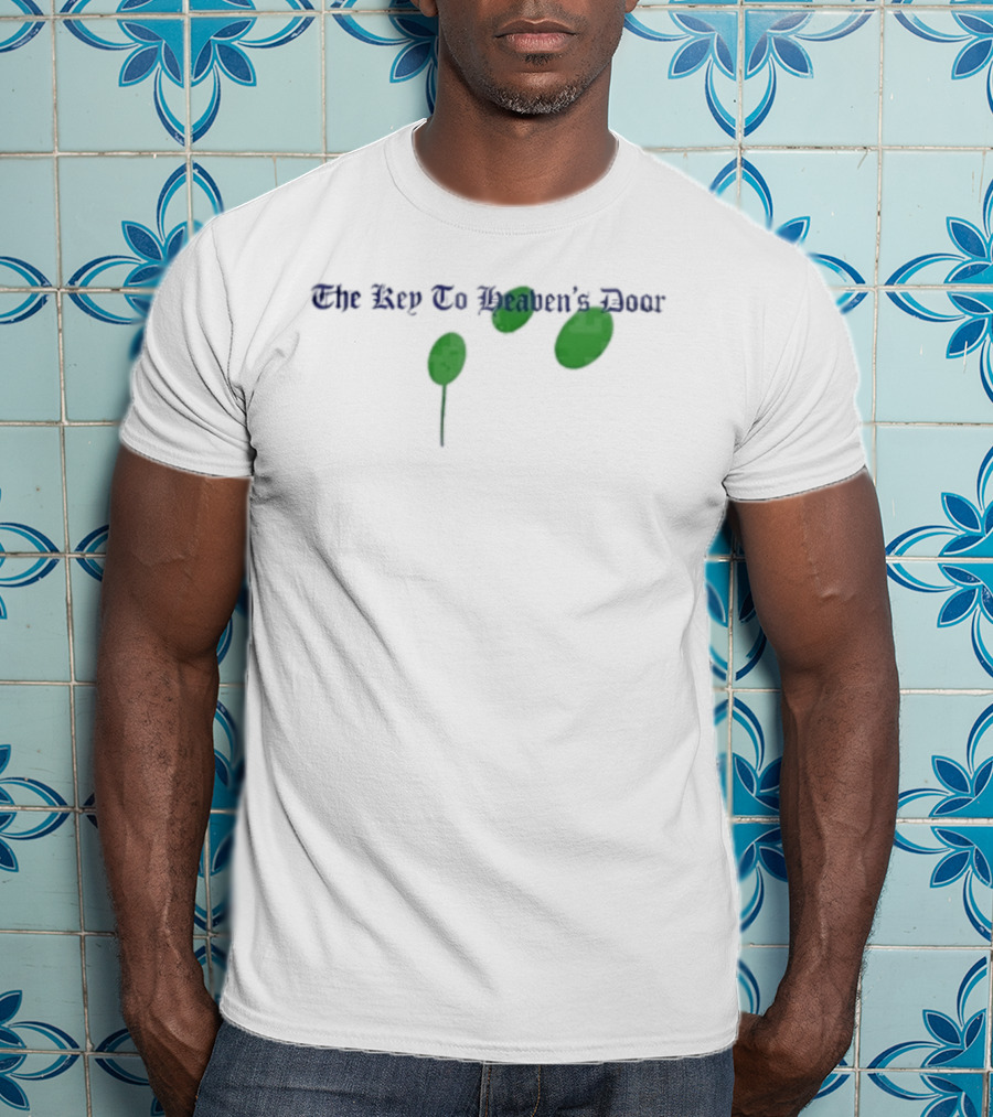 The Key To Heaven's Door Blue Lettering Three Green Ovals With Stem T-Shirt