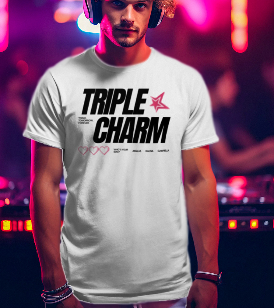 Triple Charm White Hearts Pink Star T-Shirt