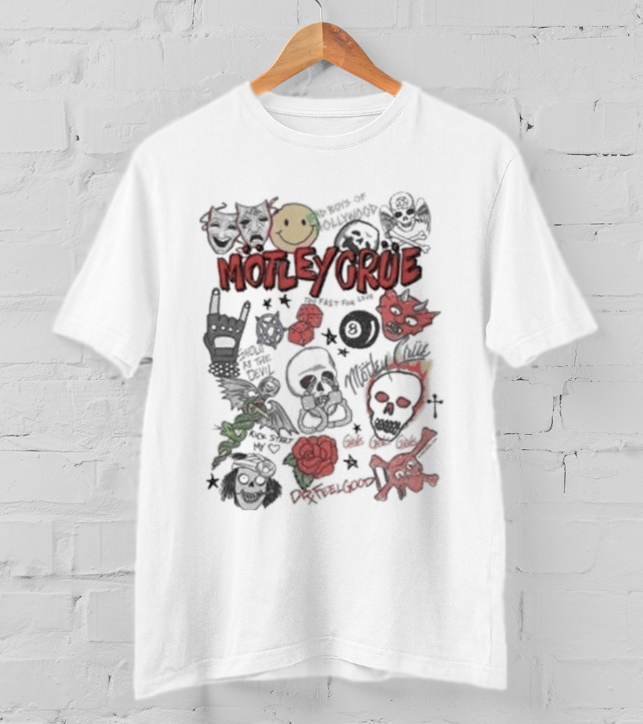 Motley Crue Album Doodle Collage Smiley Skull Roses Punk Rock T-Shirt