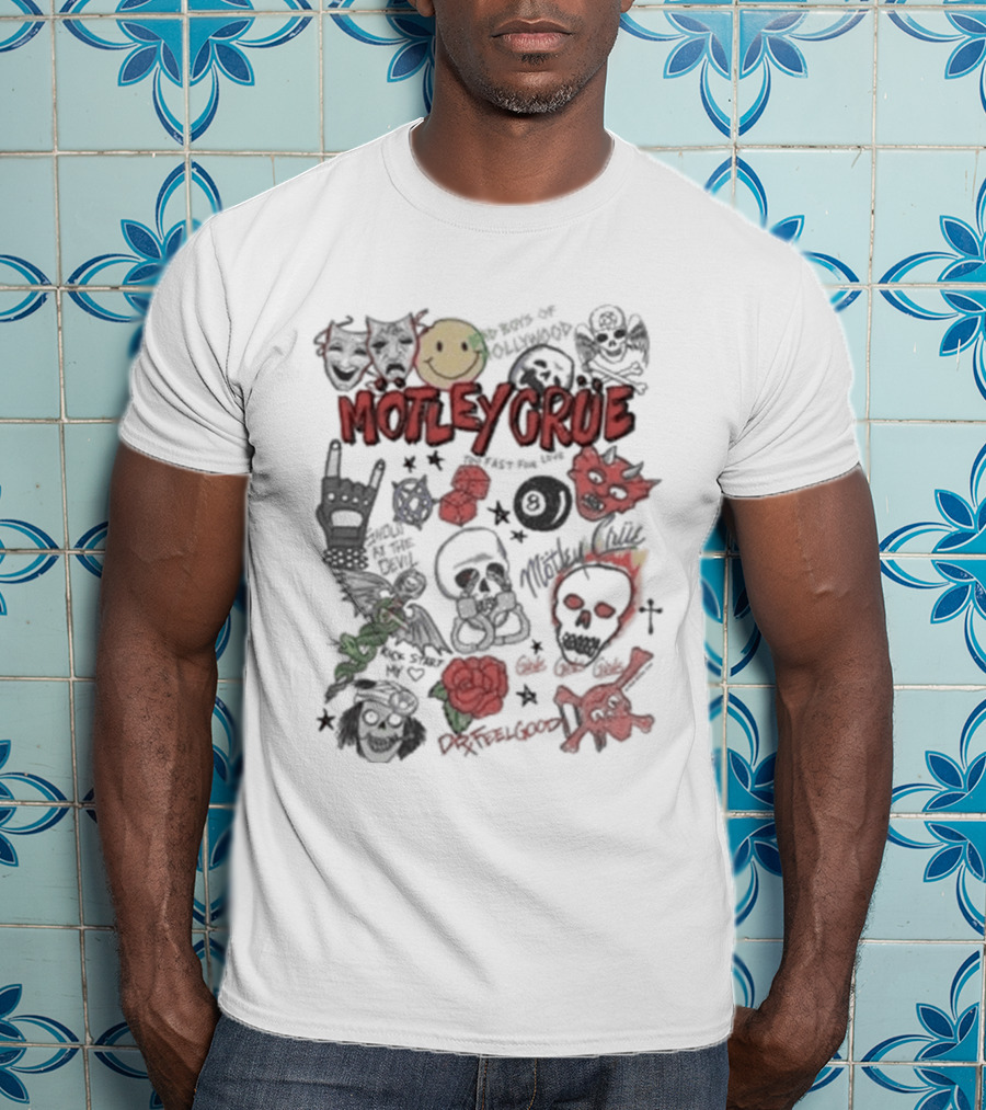 Motley Crue Album Doodle Collage Smiley Skull Roses Punk Rock T-Shirt