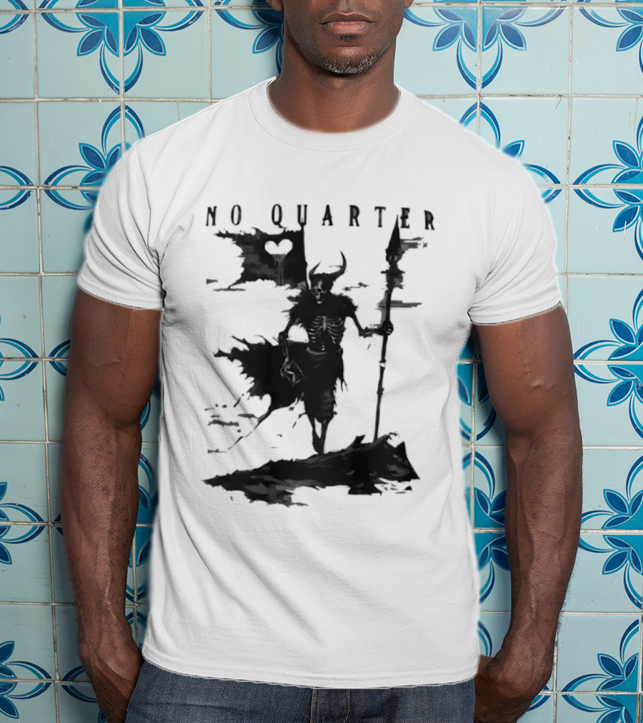 No Quarter Distressed Skeleton Warrior Dark Fantasy T-Shirt