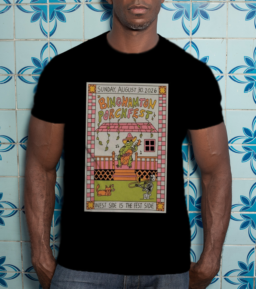 Binghamton Porchfest August 30 2026 West Side Is The Fest Side Sunday Concert Frog And Skeleton Player T-Shirt