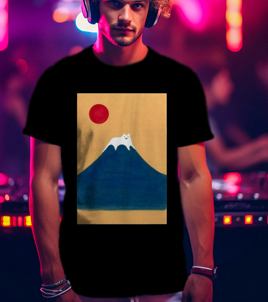 Meow Fuji Cat With Red Sun Illustration Japan T-Shirt