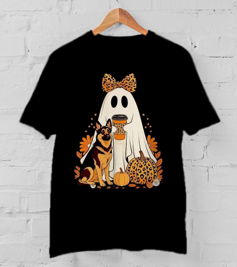 German Shepherd Ghost Leopard Pumpkin Coffee Halloween Bow T-Shirt