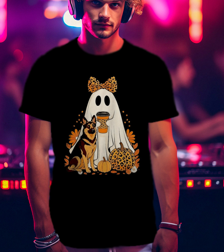 German Shepherd Ghost Leopard Pumpkin Coffee Halloween Bow T-Shirt