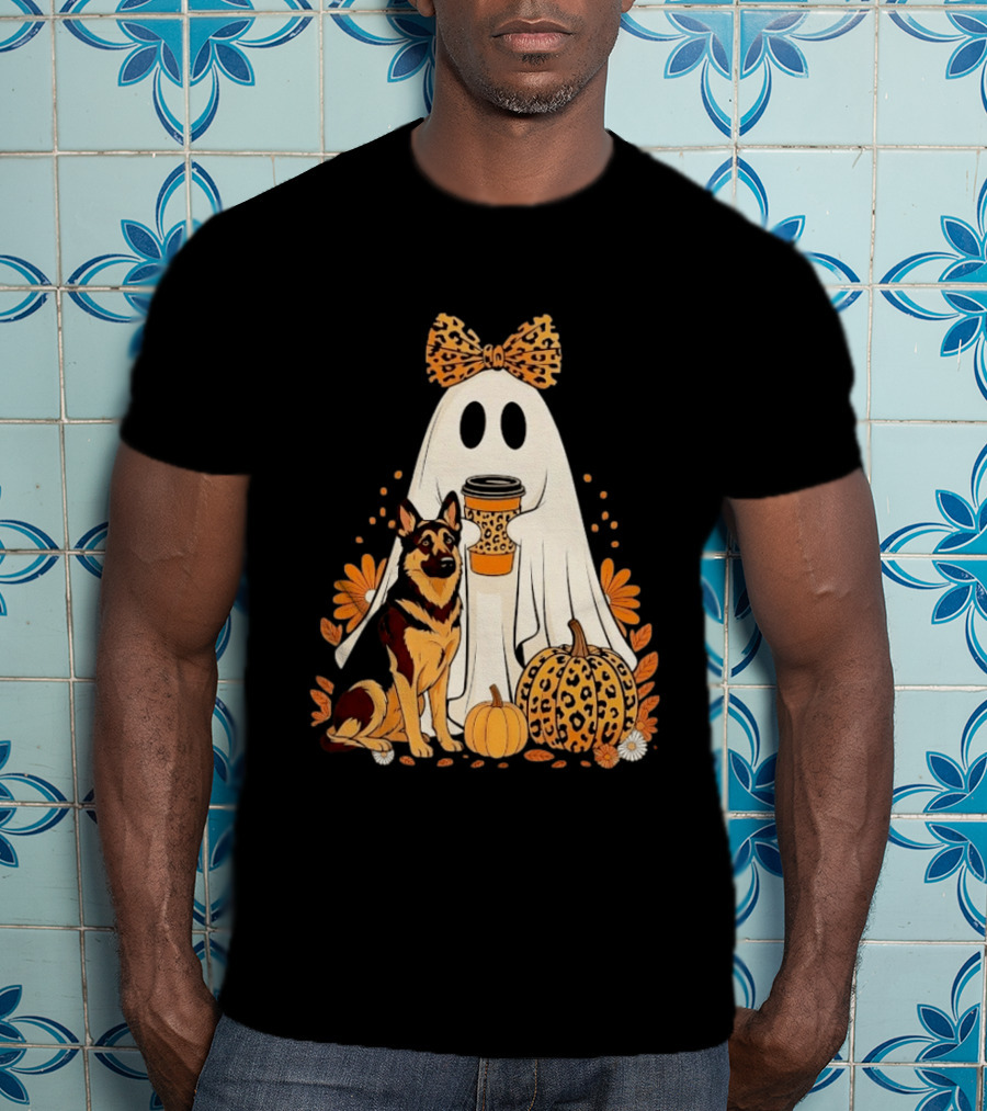 German Shepherd Ghost Leopard Pumpkin Coffee Halloween Bow T-Shirt