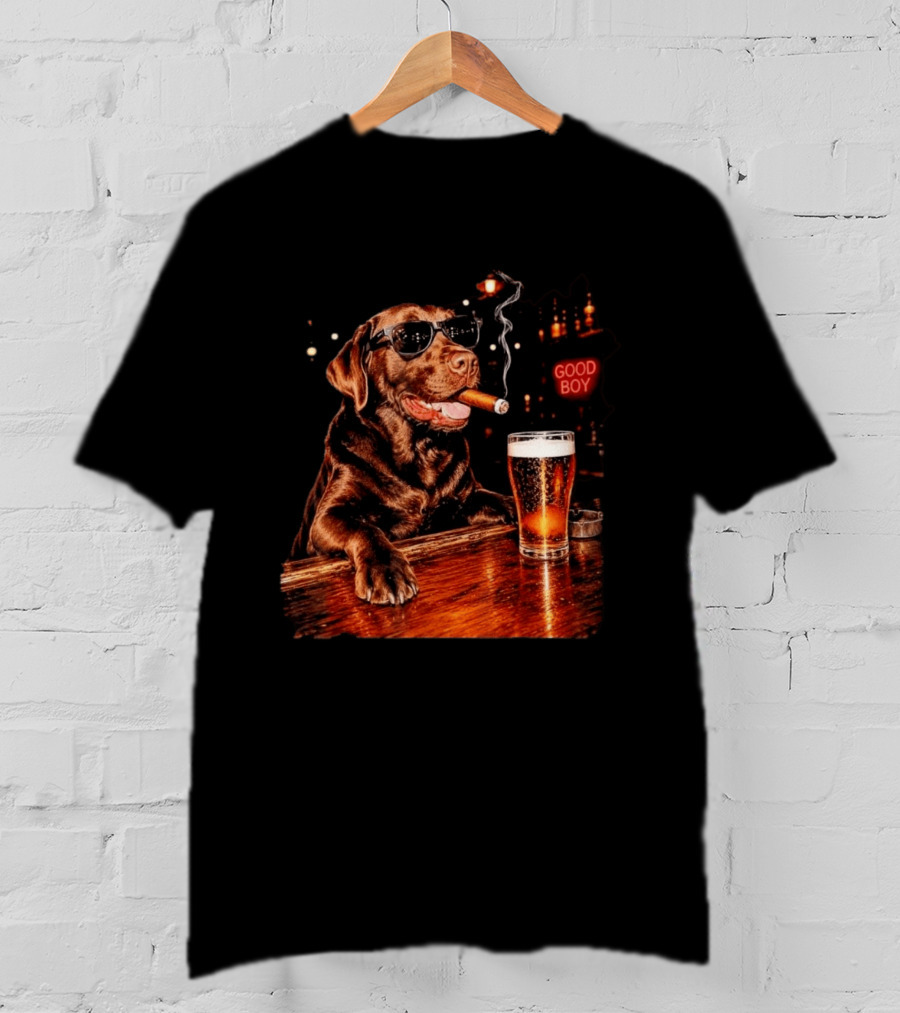 Silly Chocolate Labrador Retriever Drinking Beer Cigar Dog Good Boy Bar Night T-Shirt