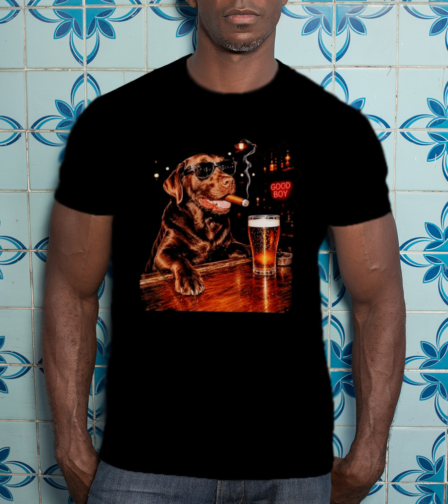 Silly Chocolate Labrador Retriever Drinking Beer Cigar Dog Good Boy Bar Night T-Shirt